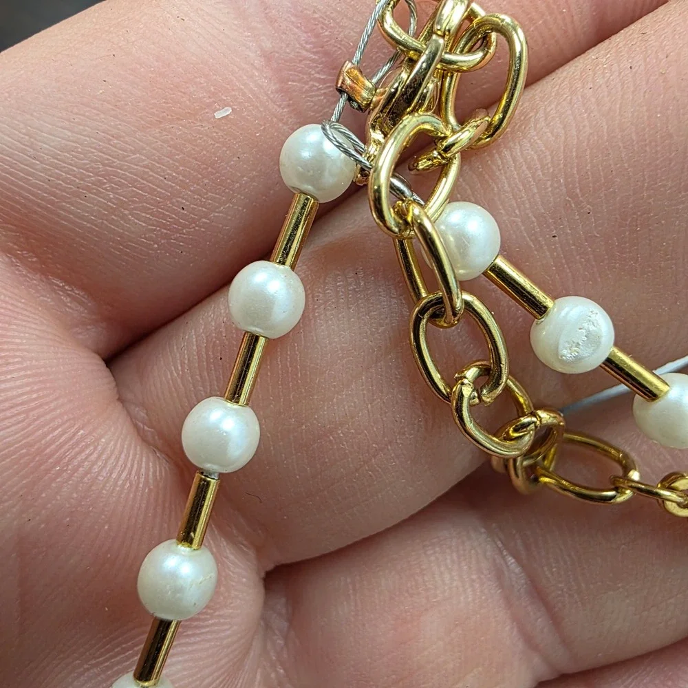 Napier Gold Tone Faux Pearl Bar Link Necklace 17 Inch Adjustable Clasp